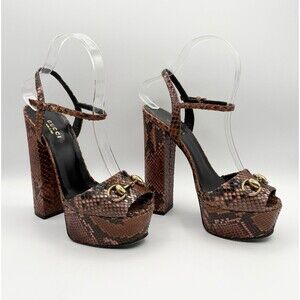 Gucci Brown Python Claudie Horsebit Platform Sandals Heels Snakeskin Sz EU 36.5